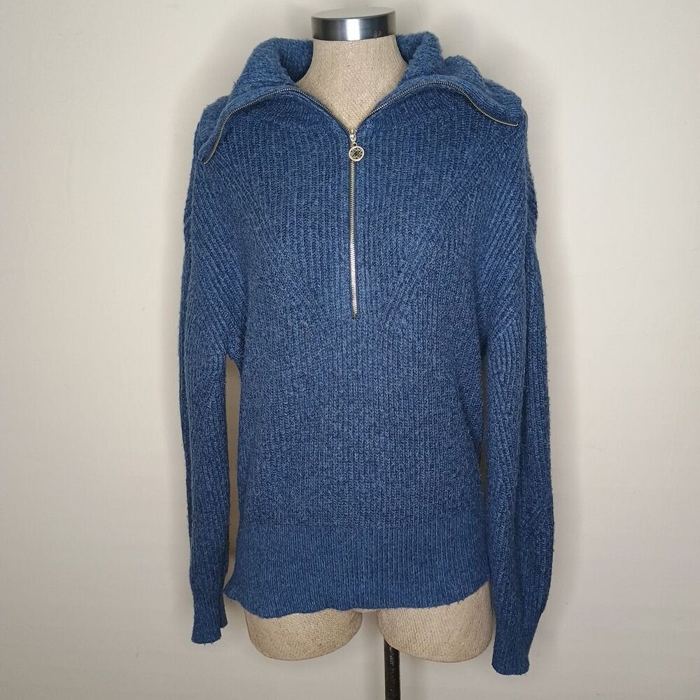 White House Black Market Sweater Womens L Blue Pullover 1/2 Zip Twee Wide Collar